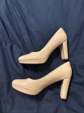 Clarks Nude Patent Block Heel Pumps